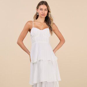 Lulus Cascading Crush White Tiered Bustier Midi Dress - Size S